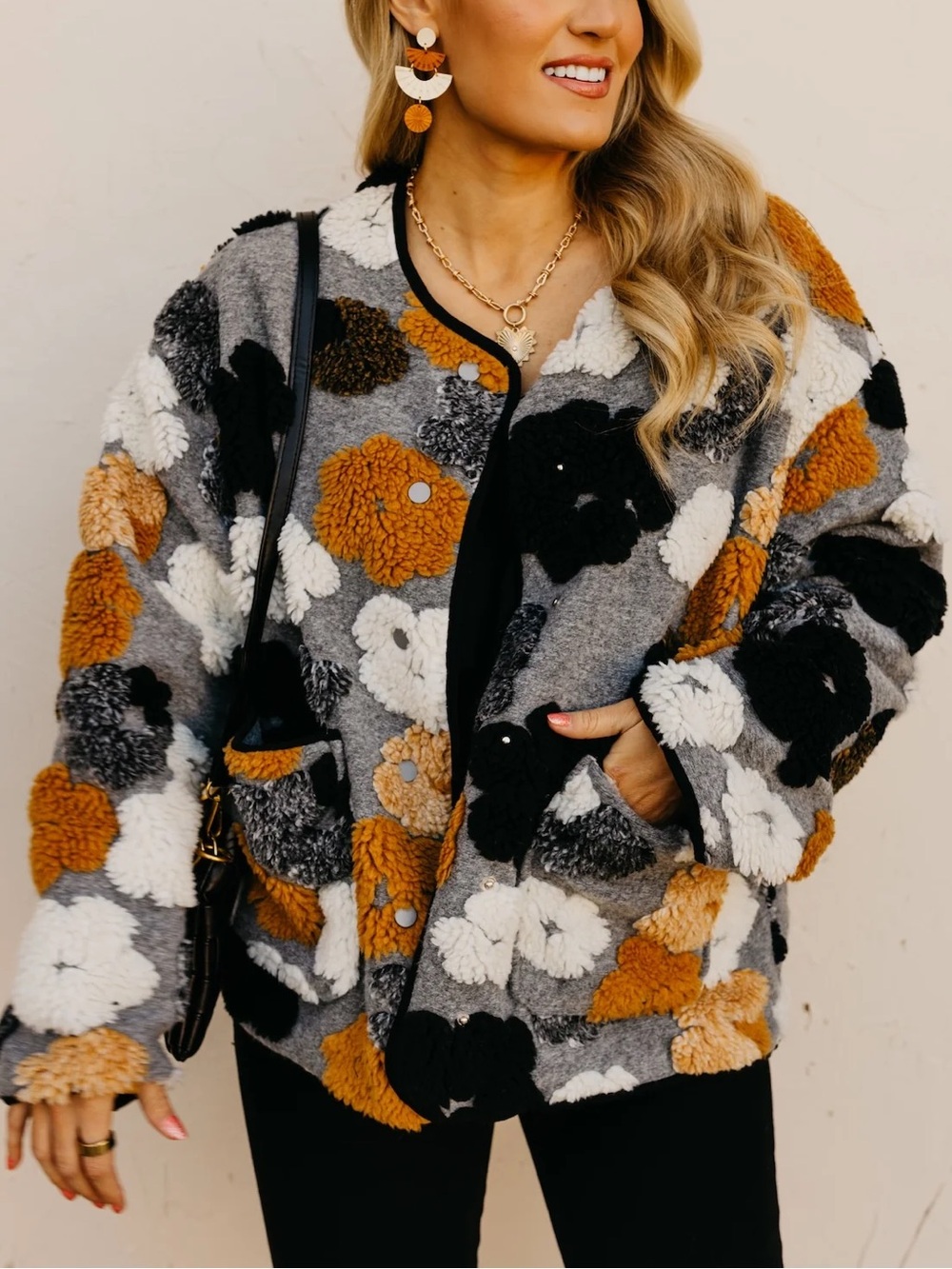 Mod Boutique Oversize Tufted Floral Teddy Jacket Gray, Black, Cream Pumpkin Fall